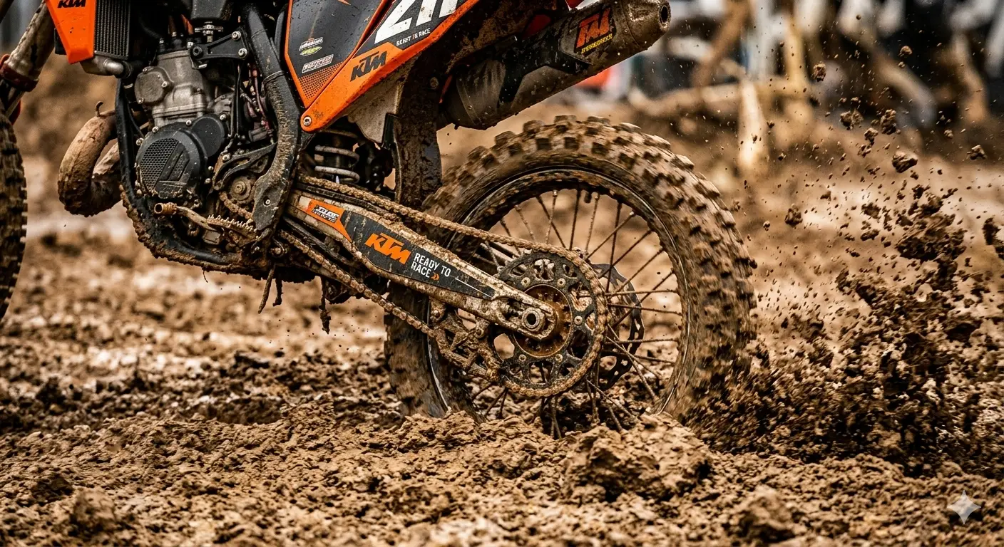 Motocrosshjul der spinner i mudder under kørsel