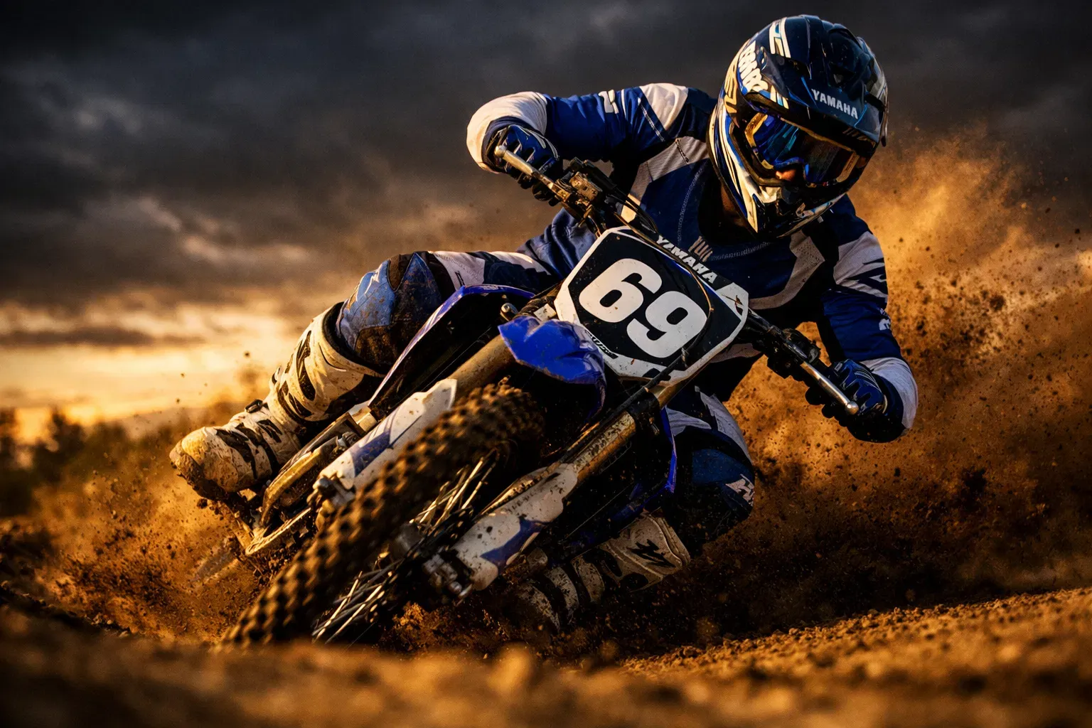 Motocrosskører i fuld fart gennem en kurve i solnedgang